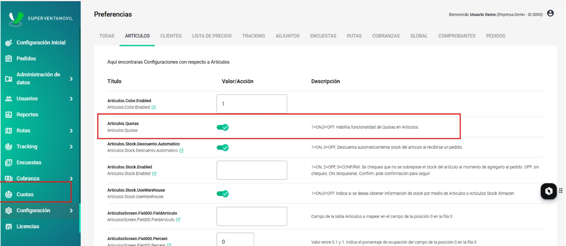 Preferencias, pestaña Artículos, con la configuración Articulos.Quotas activada y el ítem Cuotas en el menú lateral