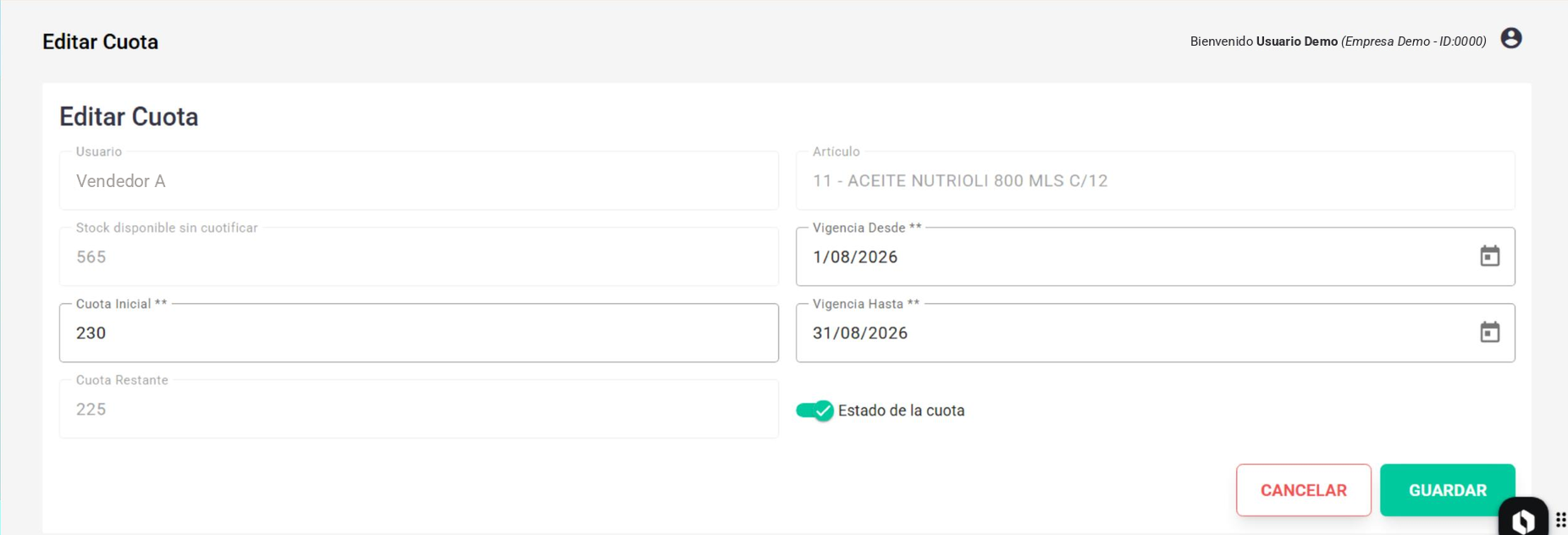 Formulario Editar Cuota con Usuario, Artículo, Stock disponible sin cuotificar, Cuota, Cuota Restante, fechas de vigencia y estado