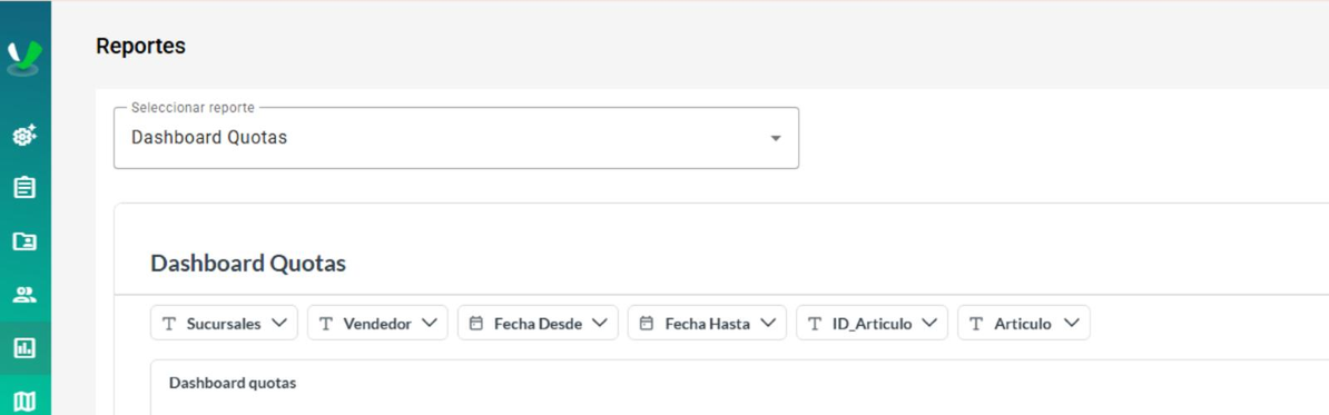 Pantalla Reportes con el reporte Dashboard Quotas seleccionado y sus filtros