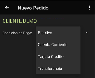 Selector de Condición de Pago en Nuevo Pedido